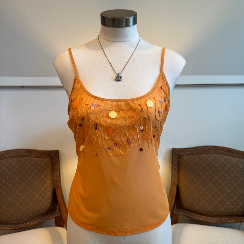 Vintage 90s Y2K Victoria’s Secret Orange Beaded Mesh Cami Tank, Fairy Boho Top